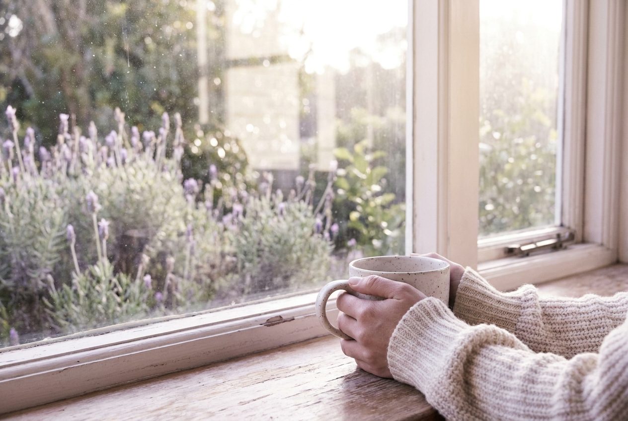 Two hands cradling a warm ceramic mug by a sunlit window