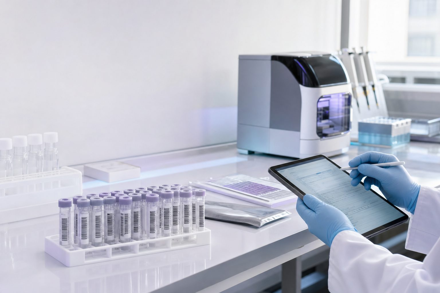 A researcher reviewing data on a tablet at a laboratory bench